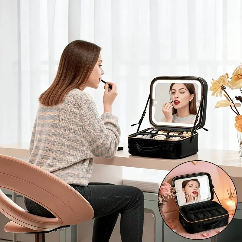 Ladies' Portable Makeup Bag - Black Trendy Makeup Bags with LED Mirror, 3 Lighting Effects, Adjustable Brightness, USB Charging, Lightweight, Large Capacity for On-The-Go Use